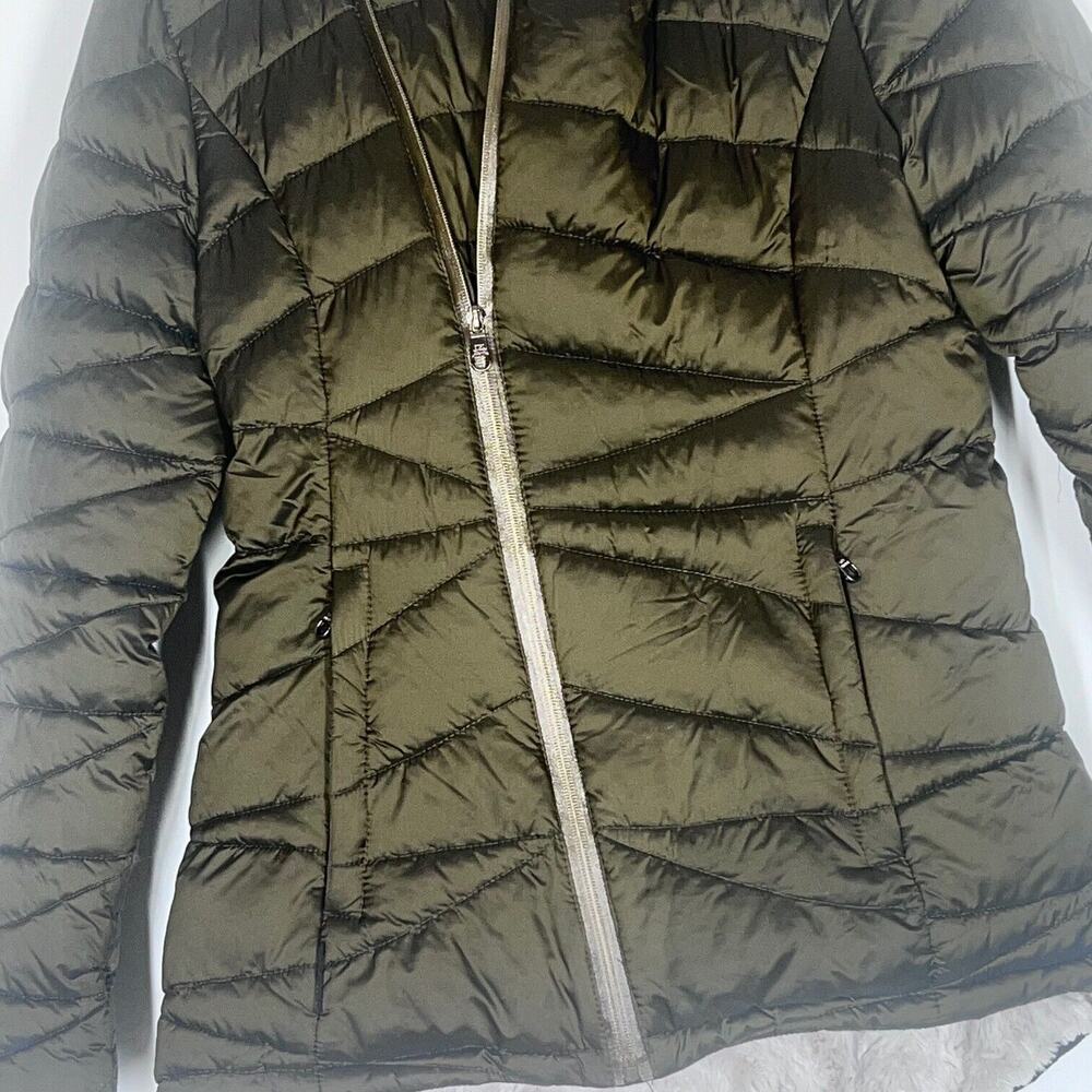 Steve Madden Womens Jacket Medium Glacier Quilted Puffer Olive Faux Fur Hooded